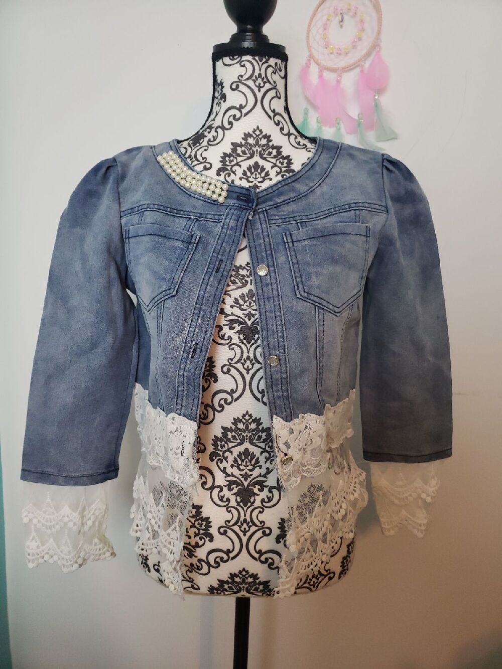 WTY Wu Tong Yu Denim Jacket Pearl Collar Lace Trim Crop NWT